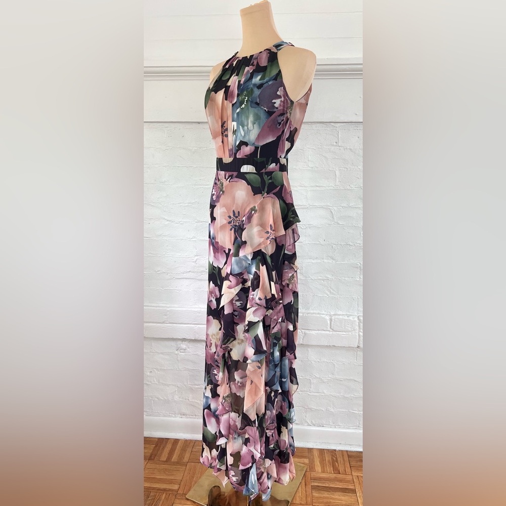 Betsy and Adam Floral Ruffle Slit Chiffon Halter Gown In Wine Rose Chiffon Maxi - Picture 7 of 16